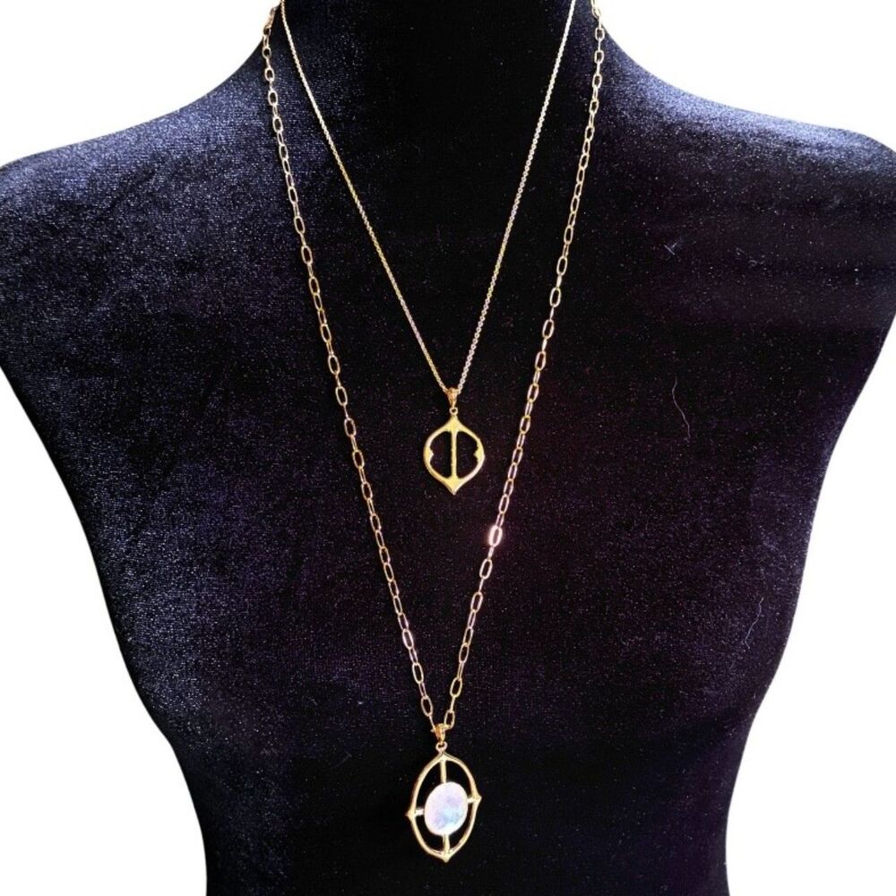 Stella & Dot Fortuna Layered Stone Pendant Necklace Open Oval Iridescent Stone